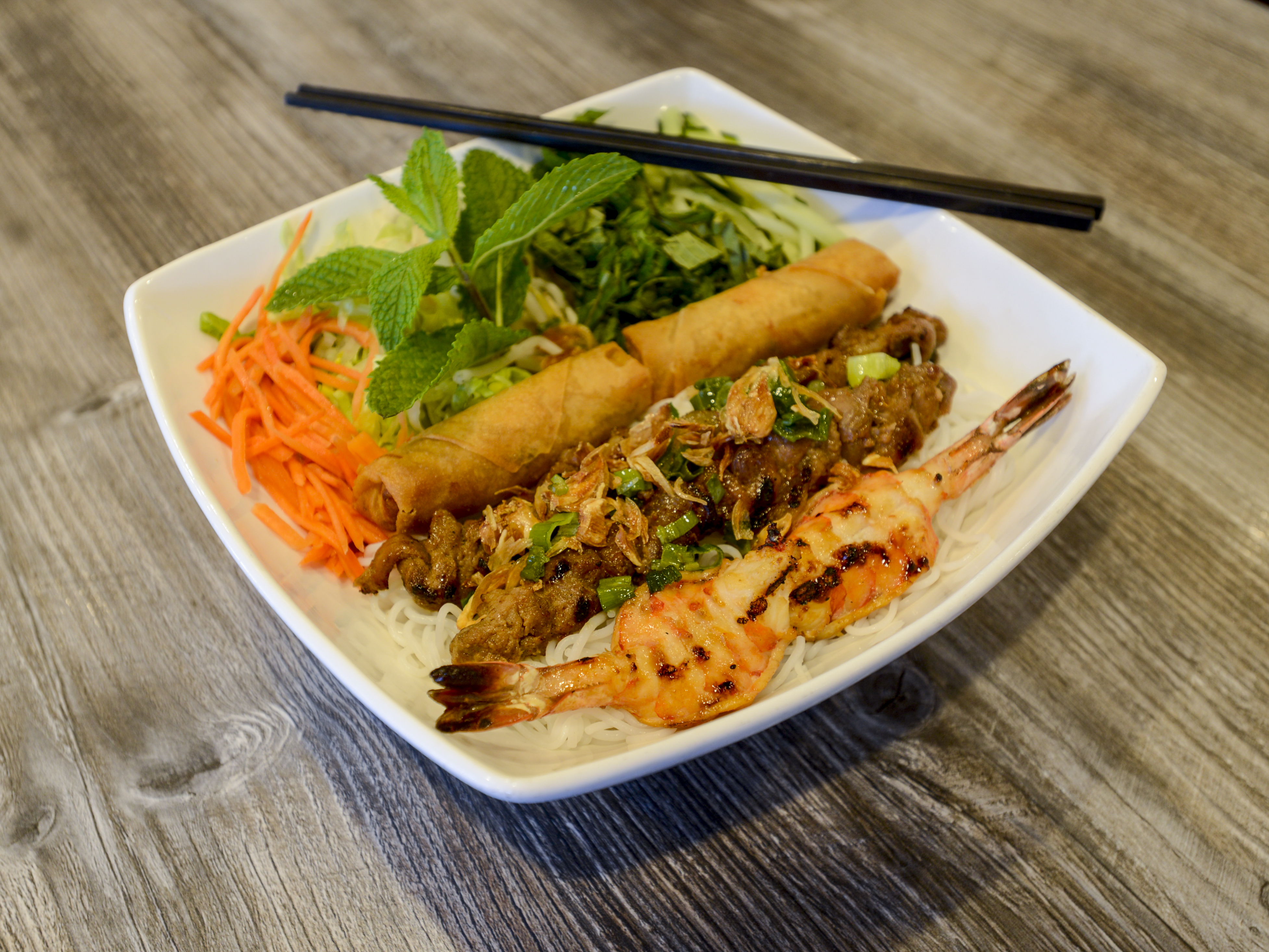 Order Vermicelli Noodles with Grilled Meat and Eggrolls food online from Pho Tick Tock store, San Jose on bringmethat.com