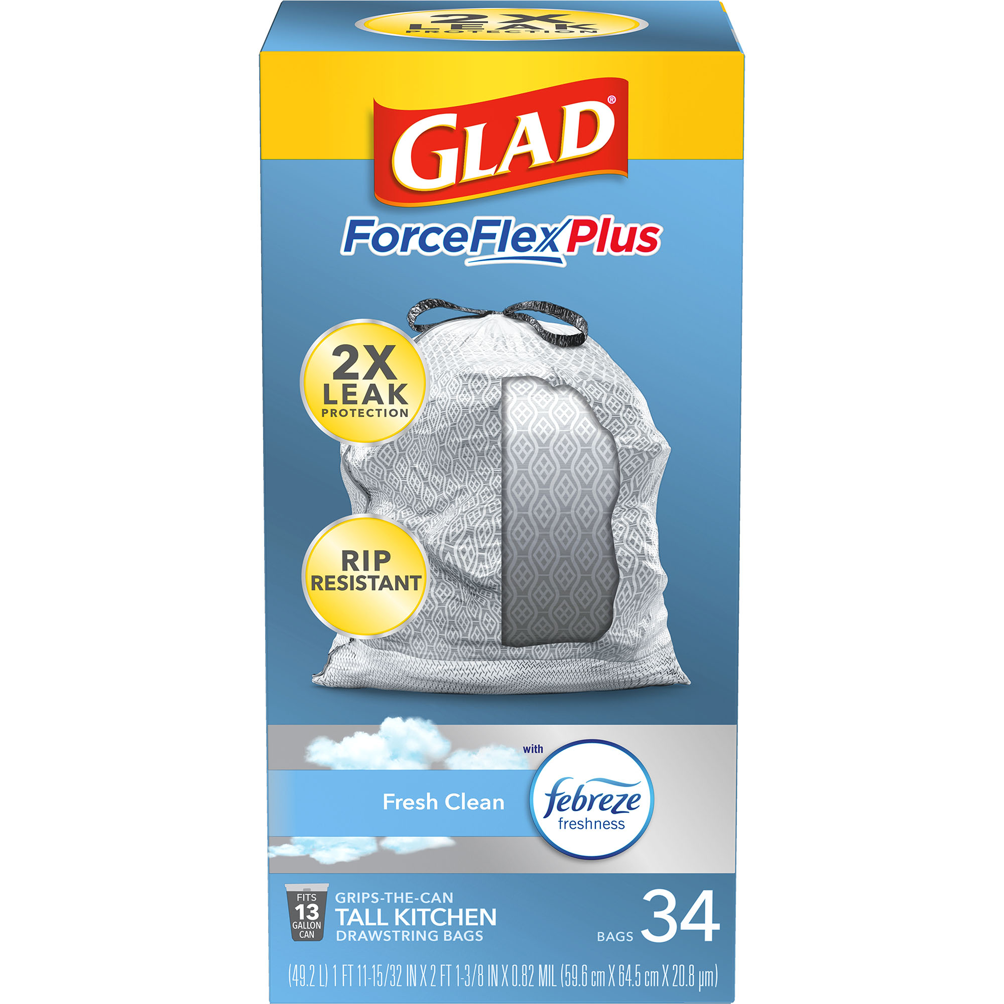 Order Glad ForceFlexPlus Tall Kitchen Drawstring Trash Bags - Fresh Clean with Febreze, 13 Gallon, 34 ct food online from Rite Aid store, CORNING on bringmethat.com