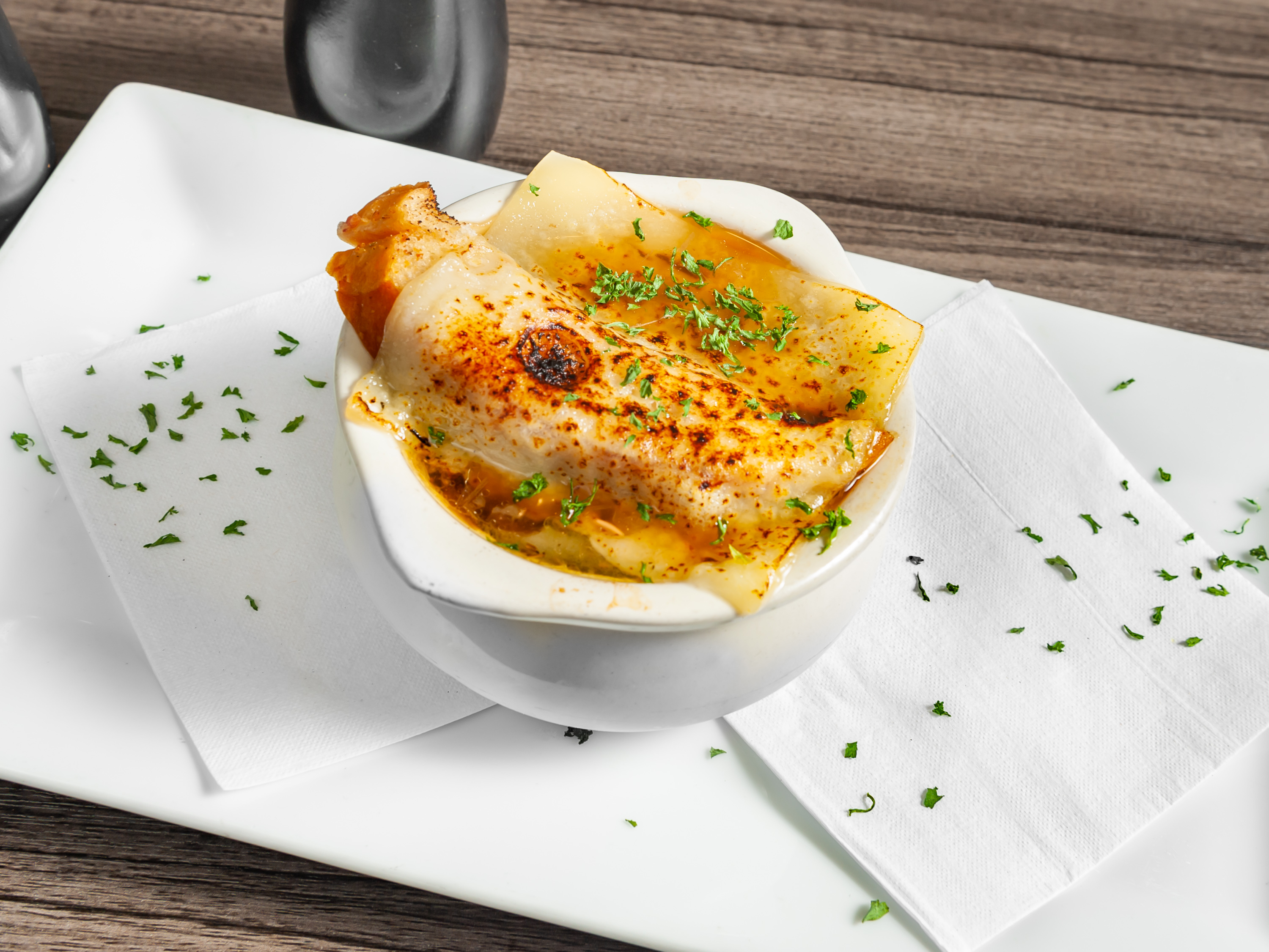 Order French Onion Soup food online from Hangar One Steakhouse store, Wichita on bringmethat.com