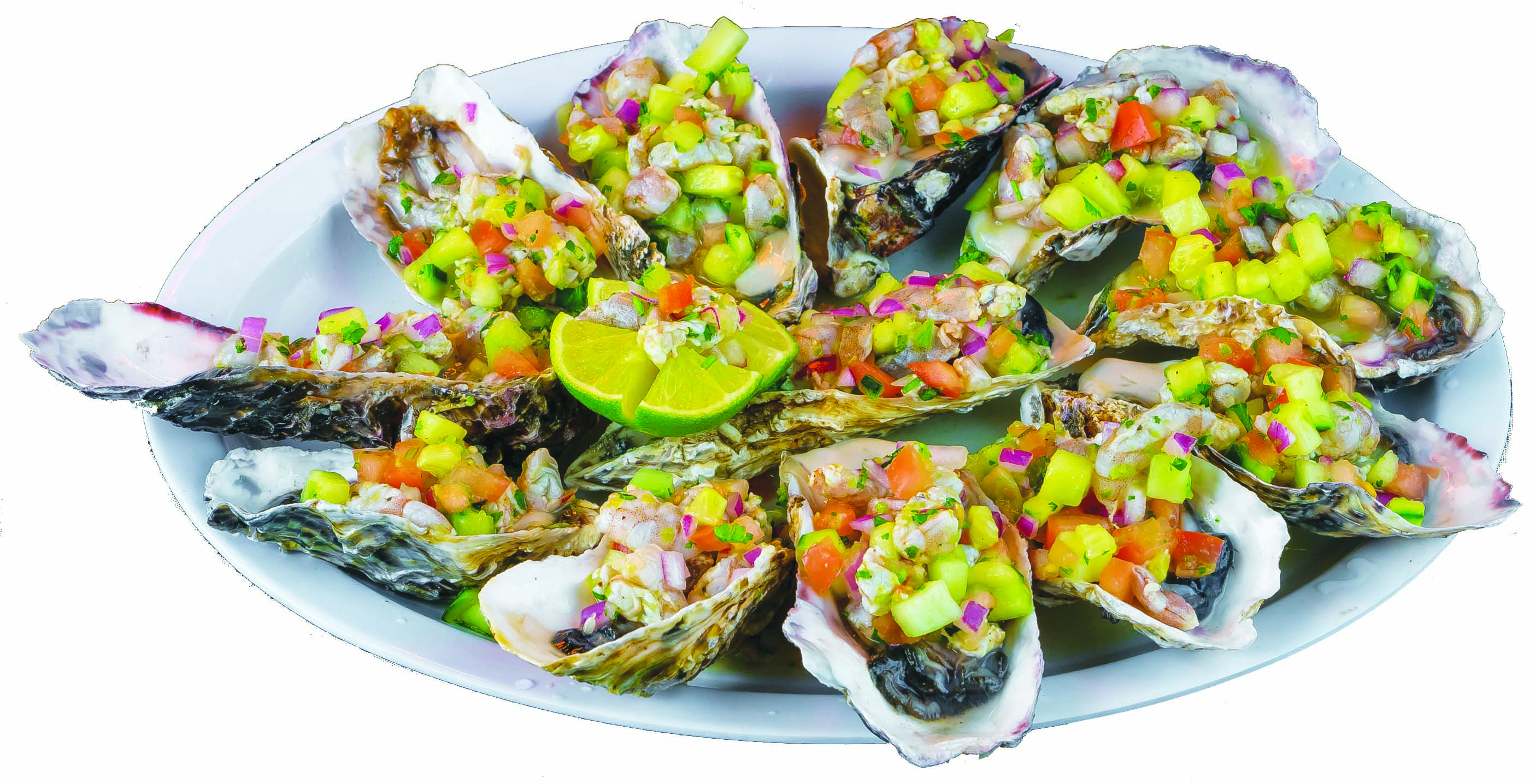 Order 55. Ostiones Especiales con Ceviche (1 Dozen) food online from Malta Mexican Seafood store, Lake Forest on bringmethat.com