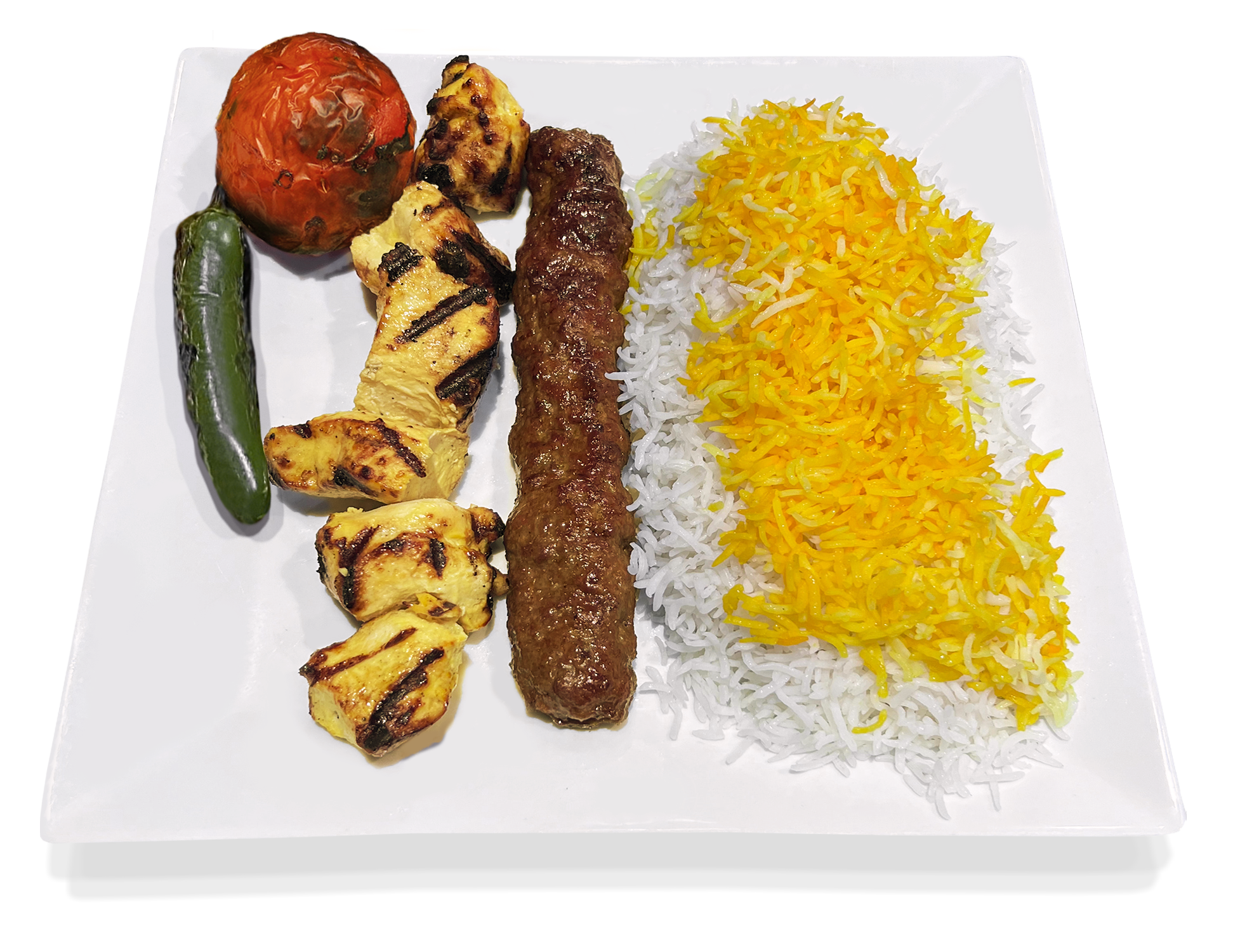 Order Plate #4: Persian Chicken Shish Kabob and Beef Koobideh plate food online from Cafe Du Liban store, Los Angeles on bringmethat.com