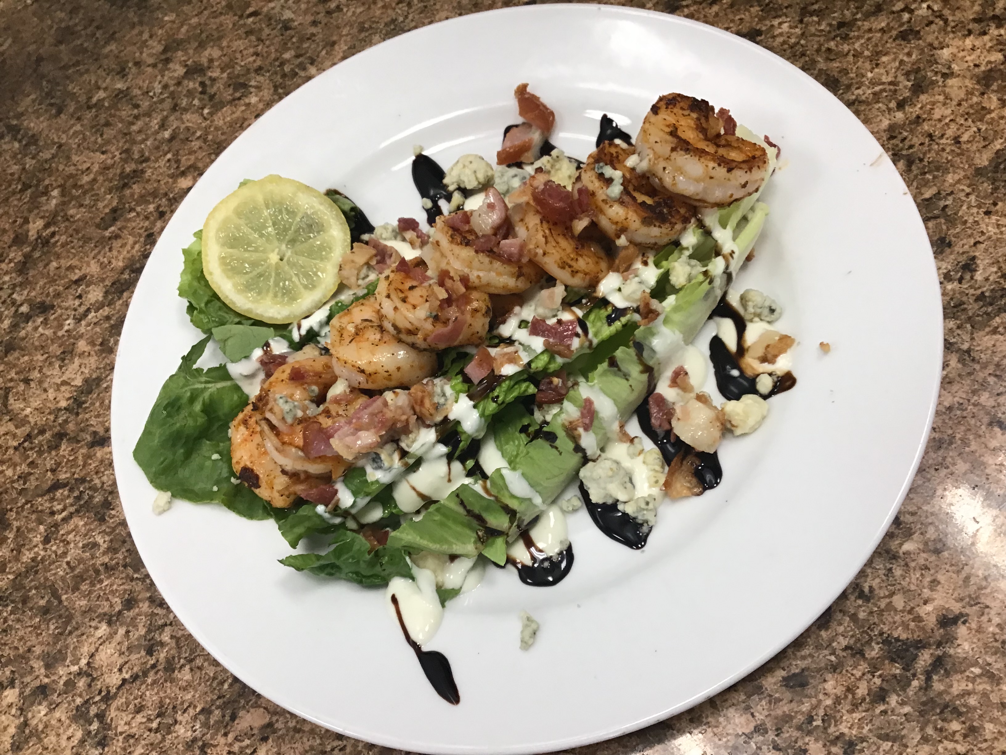 Order Bleu Cheese romaine wedge with blackened shrimp food online from Calvert Crabs Llc store, Prince Frederick on bringmethat.com
