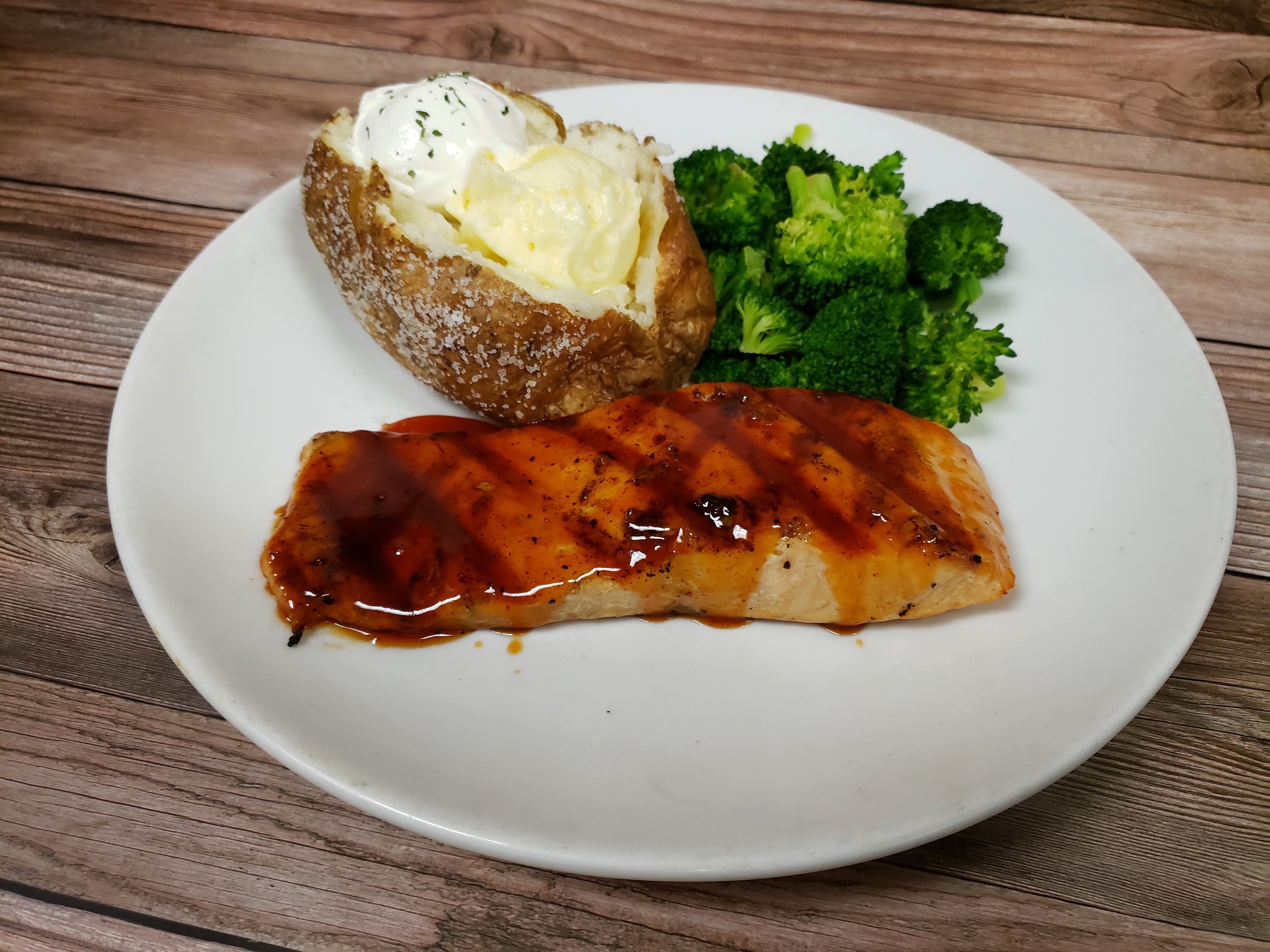 Order Bourbon-Glazed Grilled Salmon food online from Ground Round store, Neenah on bringmethat.com