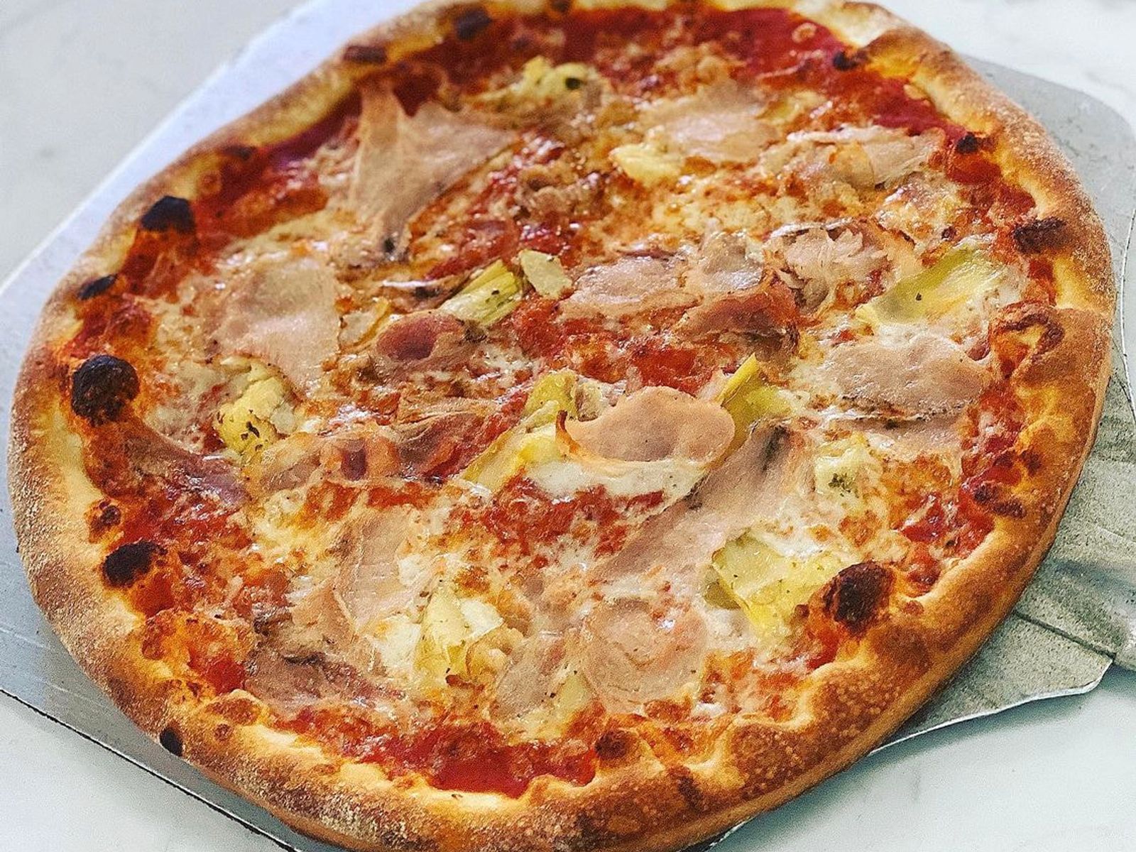 Order Porchetta & Artichoke Pizza food online from Alessio’s Cafe | Gelato | Pizza store, Hoboken on bringmethat.com