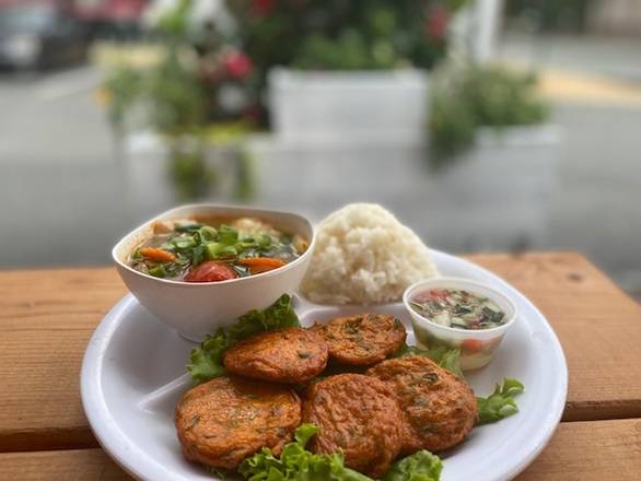 Order Fish Cakes (meal with rice and tom yum veggies) food online from Thai by Thai - Sterling store, Sterling on bringmethat.com