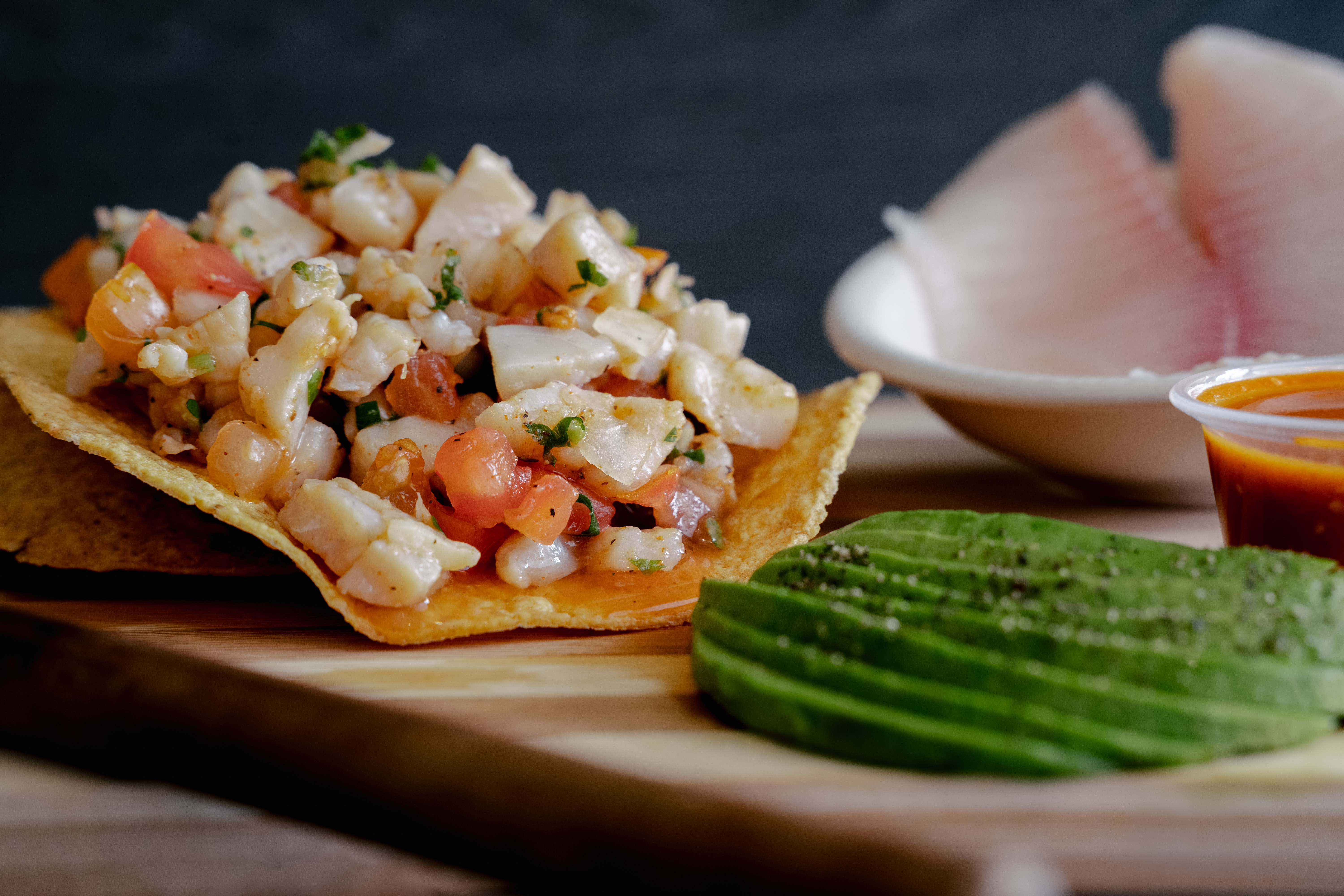 Order Fish tostada ceviche food online from Polas Mariscos store, Montclair on bringmethat.com