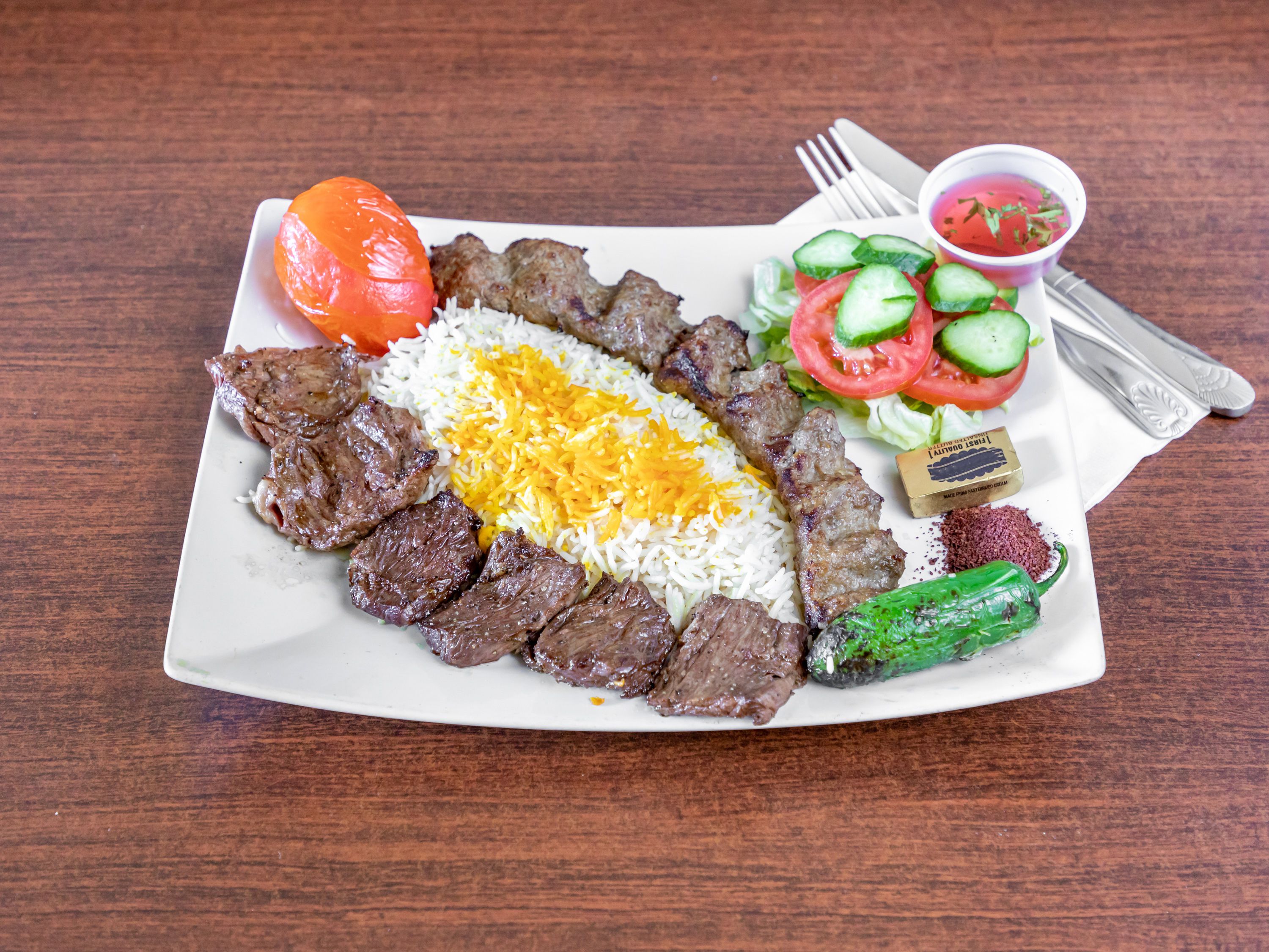 Order Beef Koobideh Plate food online from Denj Restaurant store, Woodland Hills on bringmethat.com