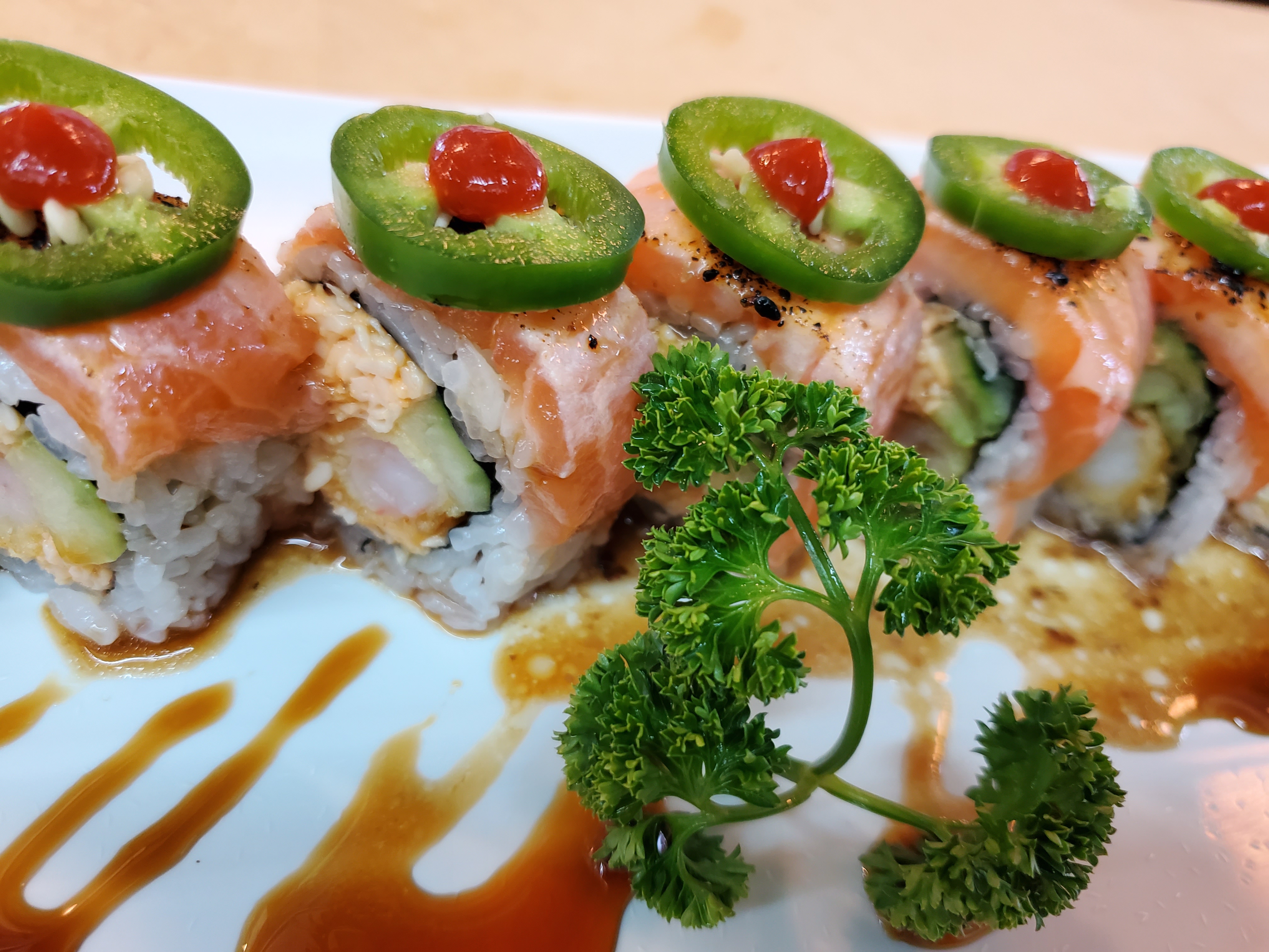 Order 22. Cajun Salmon Roll (8pcs)(Spicy) food online from Soyokaze Sushi store, Garden Grove on bringmethat.com