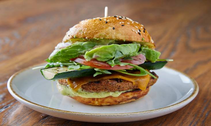 Order Vegetarian Burger (v) food online from Bushfire Kitchen store, Del Mar on bringmethat.com