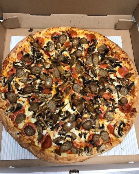 Order Pepperoni, Mushroom and Sausage Pizza food online from Cafe Bambino's store, Pasadena on bringmethat.com