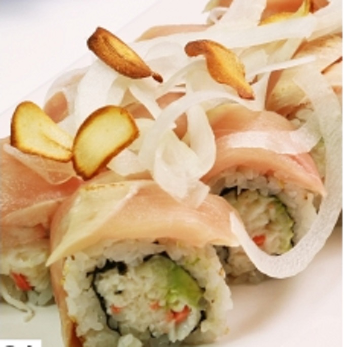 Order 21. Garlic Albacore Roll food online from Yes Sushi store, Pasadena on bringmethat.com