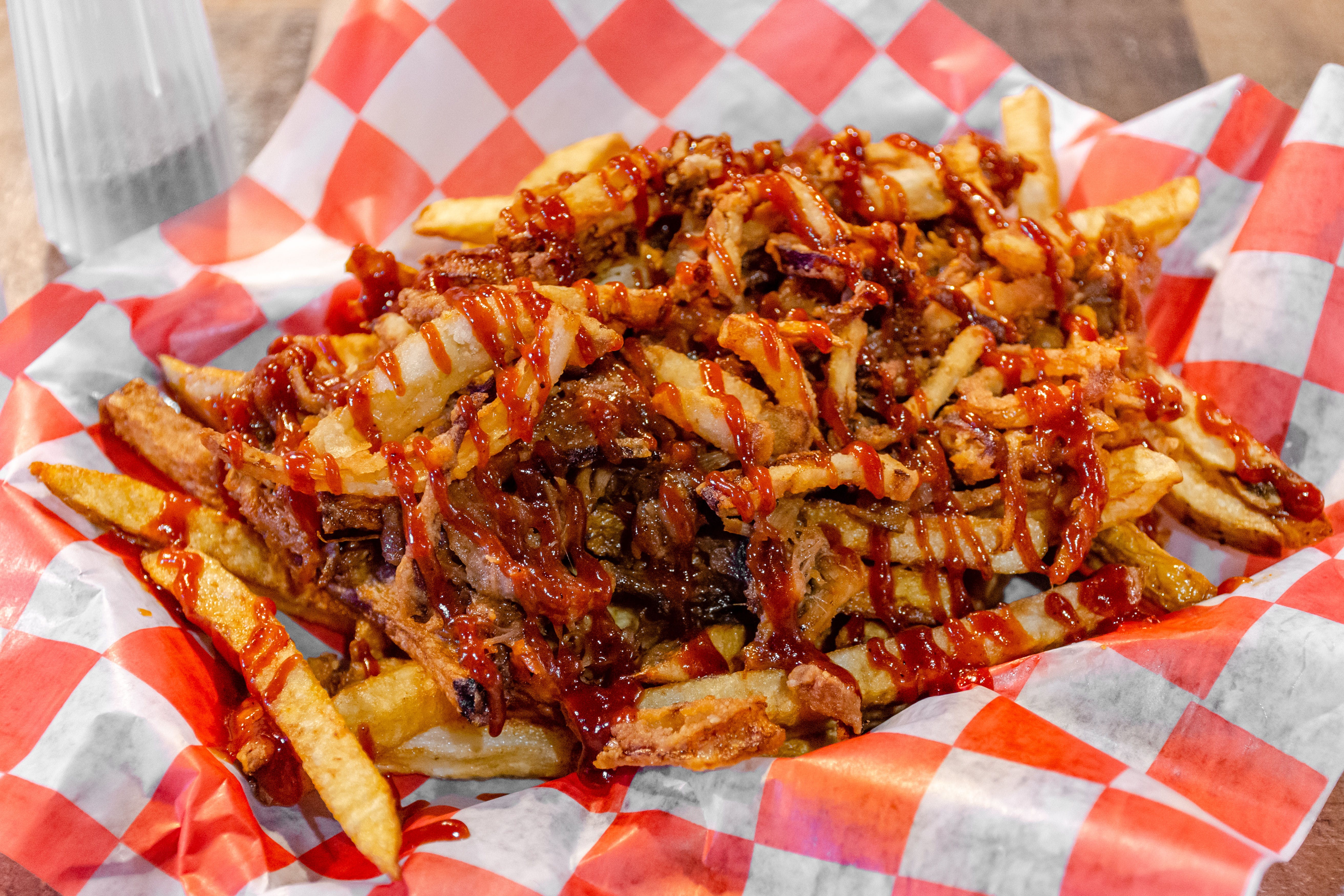 Order BBQ Pulled Pork Fries - 1 lb. (Serves 2) food online from Friendly Tavern store, St Marys on bringmethat.com