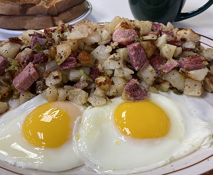 Order Homemade Corned Beef Hash and Eggs food online from The Bomber store, Ypsilanti on bringmethat.com