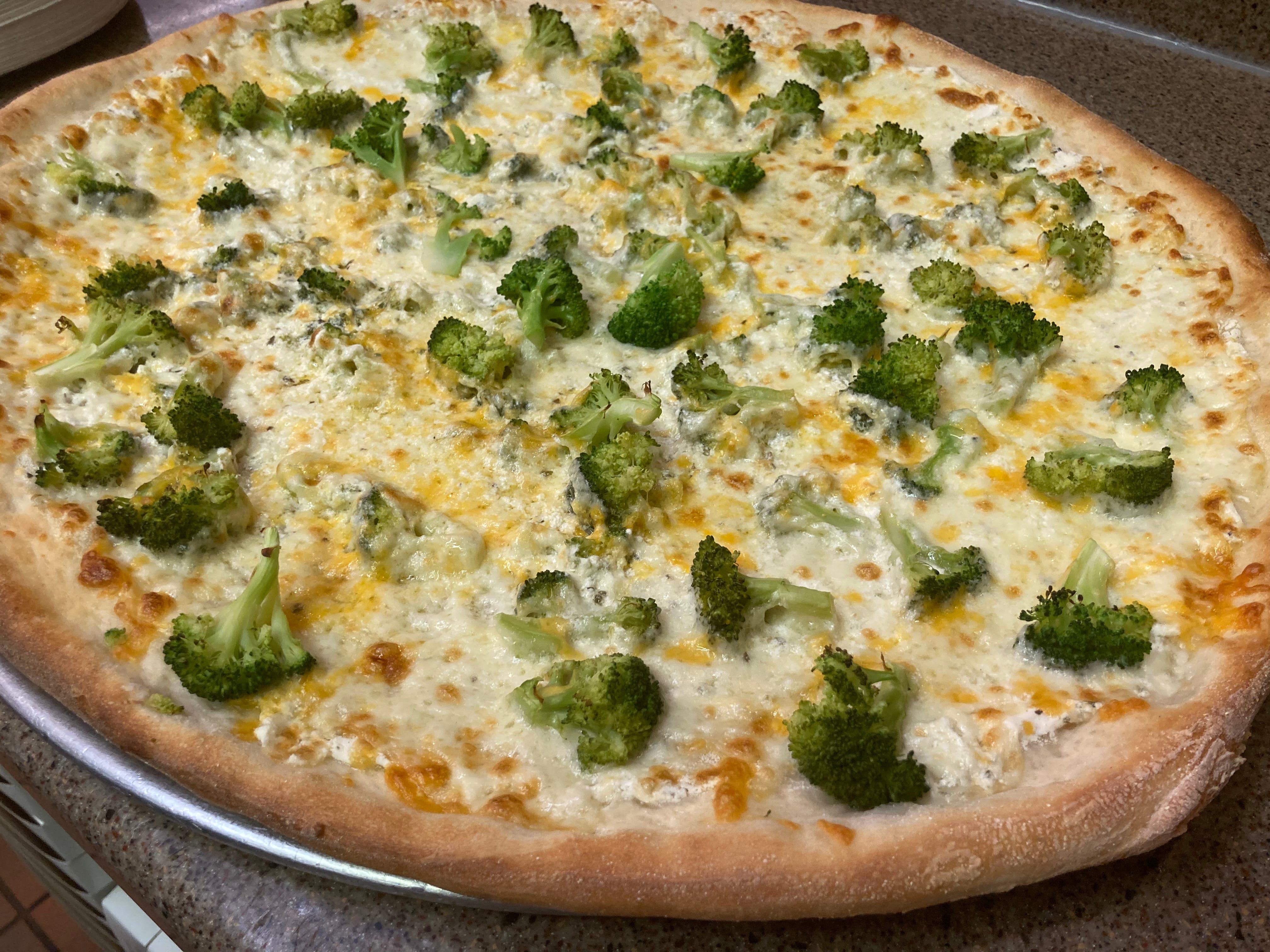 Order Broccoli Three Cheese Pizza - Large 16'' food online from Gerlanda Pizza store, Piscataway on bringmethat.com