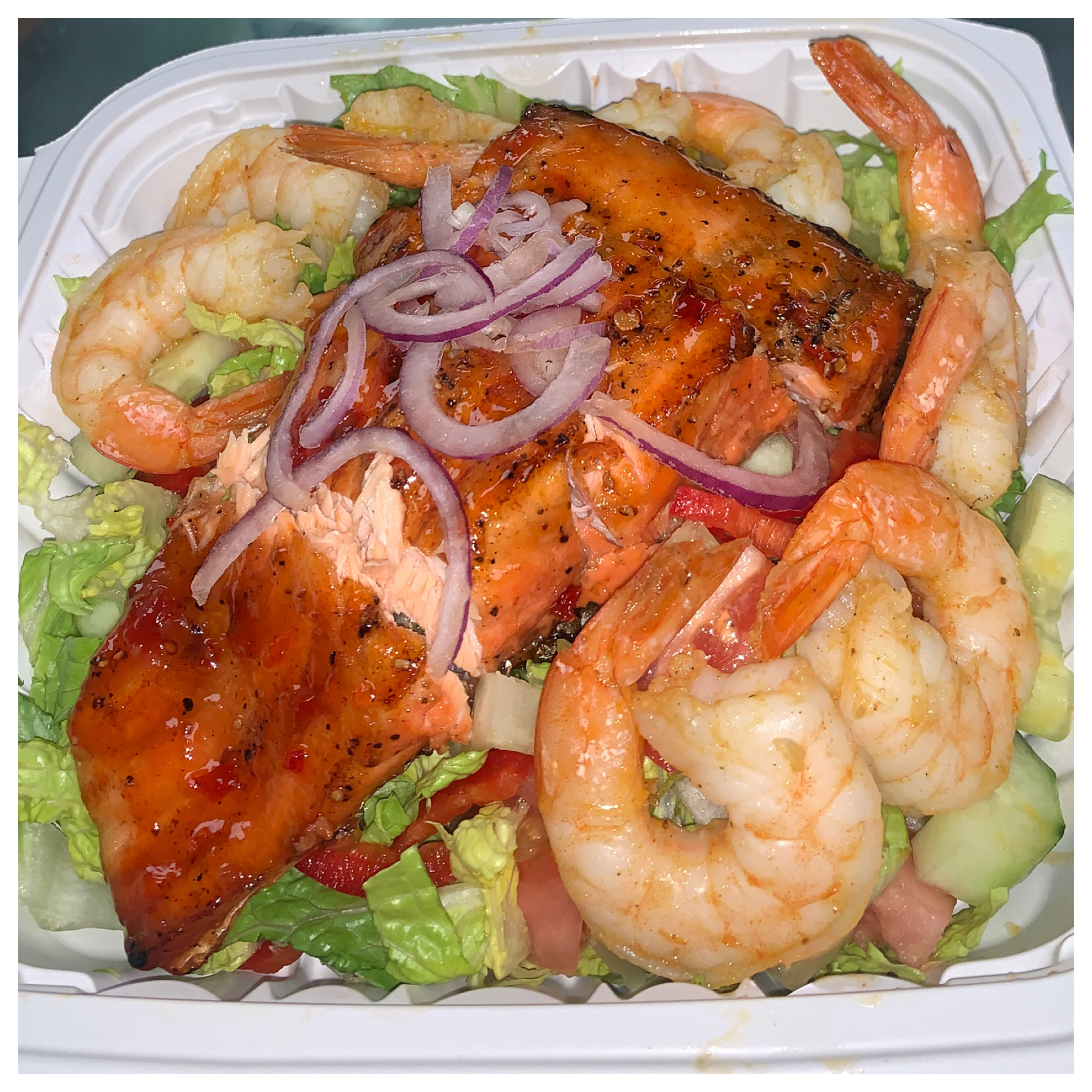 Order Salmon and Shrimp Salad food online from Ochorios Seafood & Caribbean Cuisine store, Hempstead on bringmethat.com