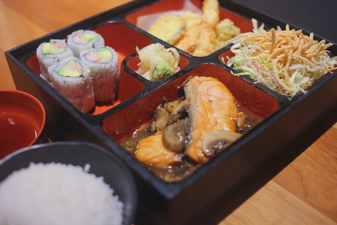 Order Salmon Teriyaki Bento Box food online from Hot Woks Cool Sushi store, Chicago on bringmethat.com