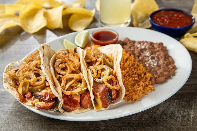 Order Mesquite Smoked Jalapeño Sausage Tacos food online from On The Border store, Mt. Laurel on bringmethat.com
