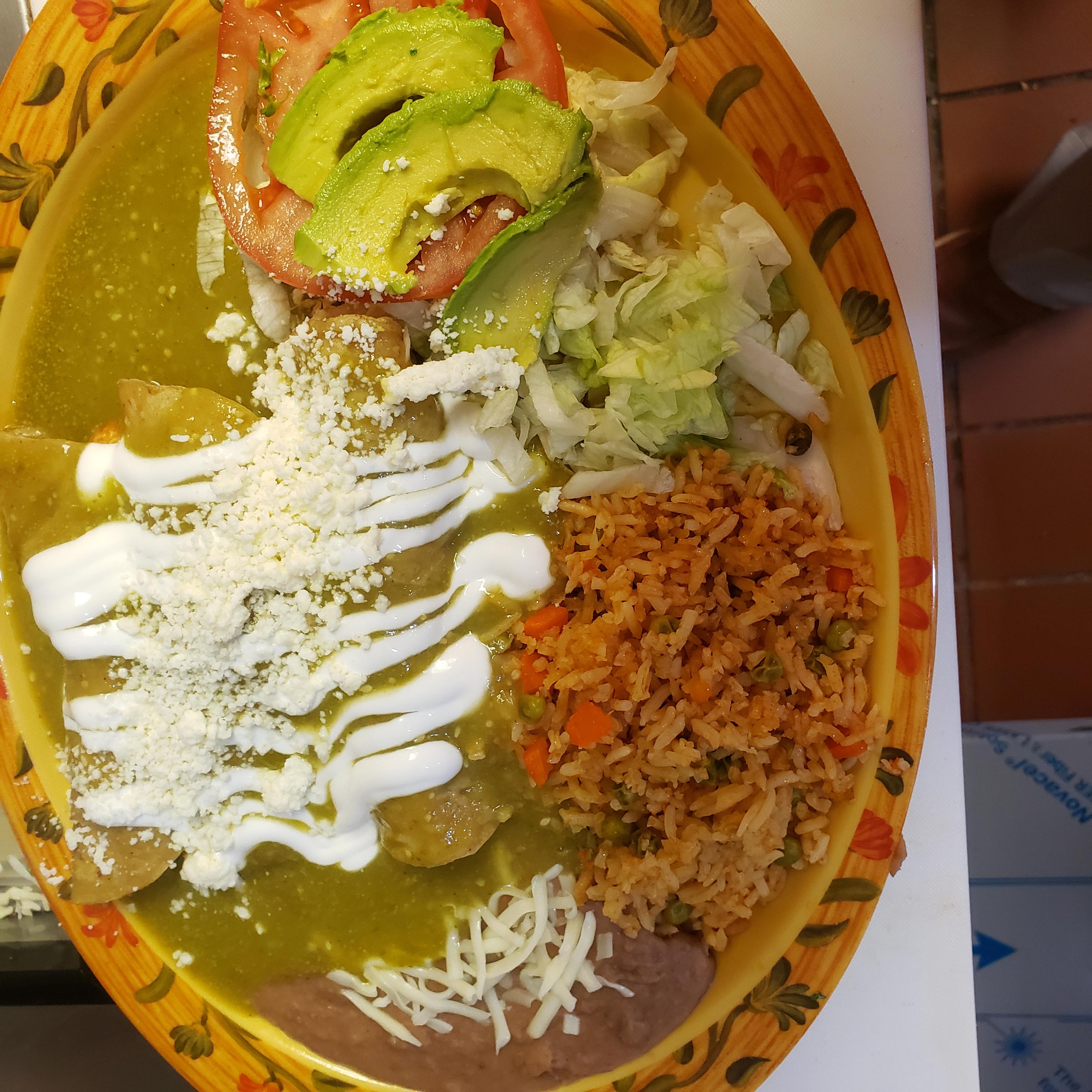 Order Green Enchiladas food online from Tony Tacos Downtown store, Bloomington on bringmethat.com