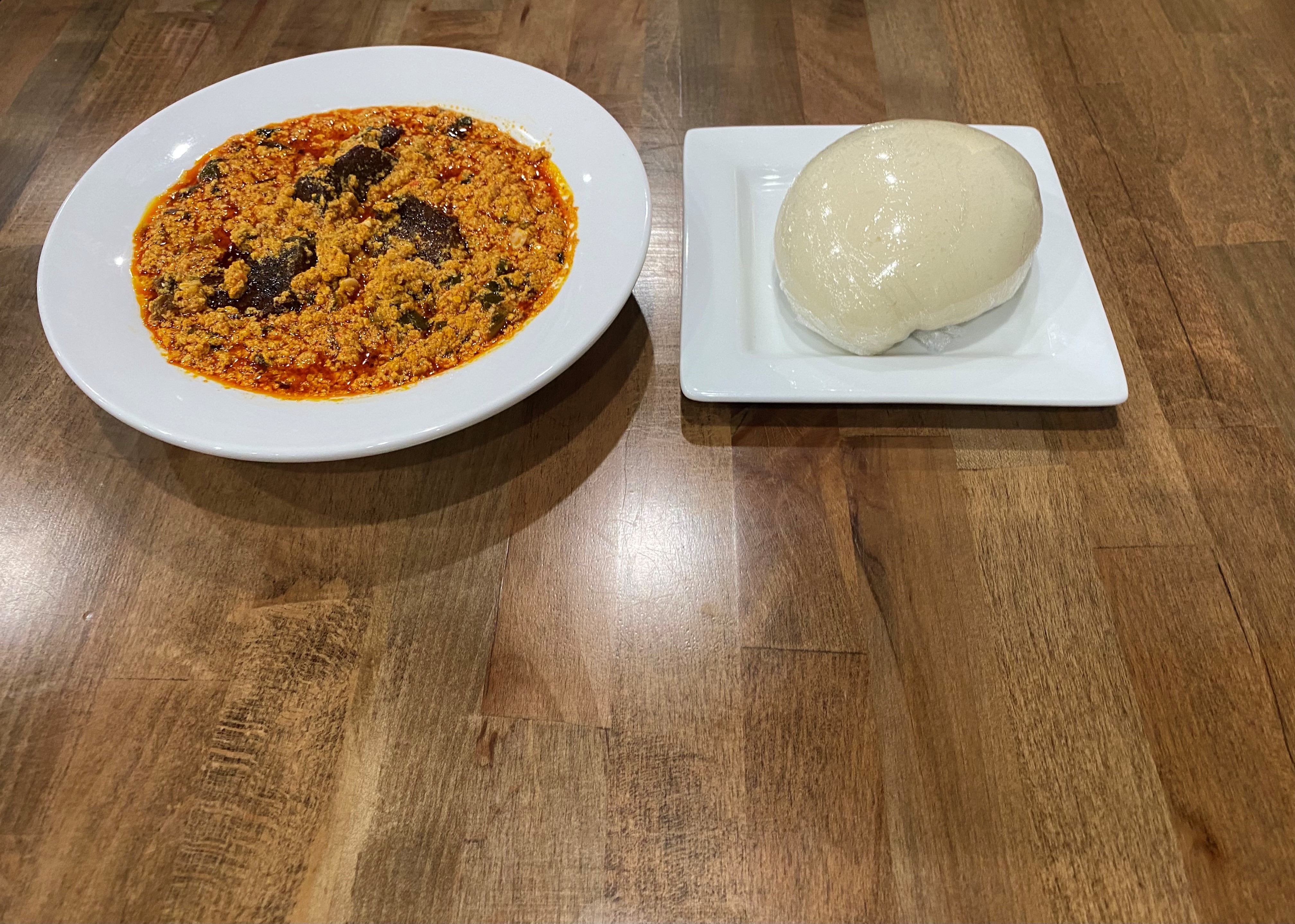 Order Poundo-Fufu + Egusi Soup + Beef food online from Fusion Vibes Kitchen + Bar store, Richardson on bringmethat.com