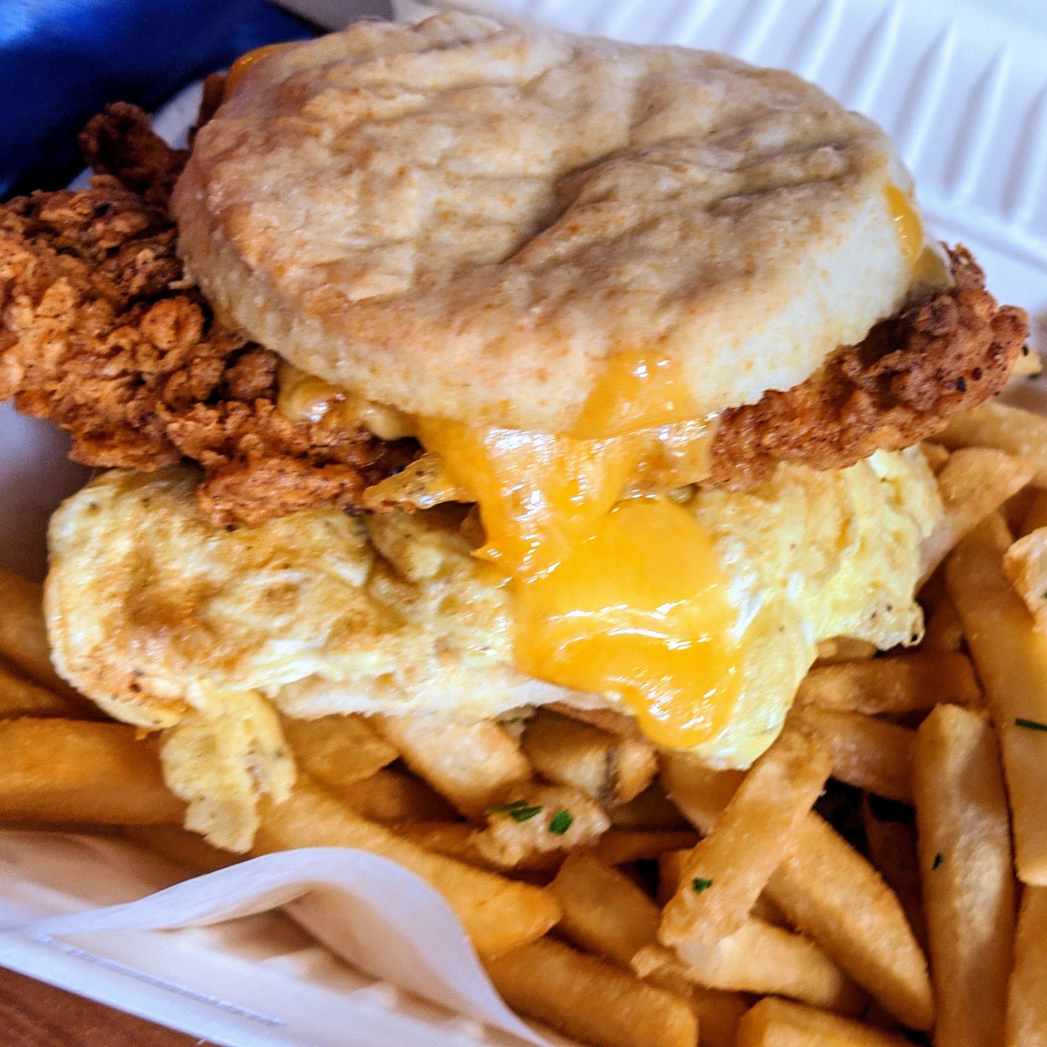 Order Fried Chicken, Cheese and Egg Biscuits food online from Breakfast Dreamin' store, San Francisco on bringmethat.com