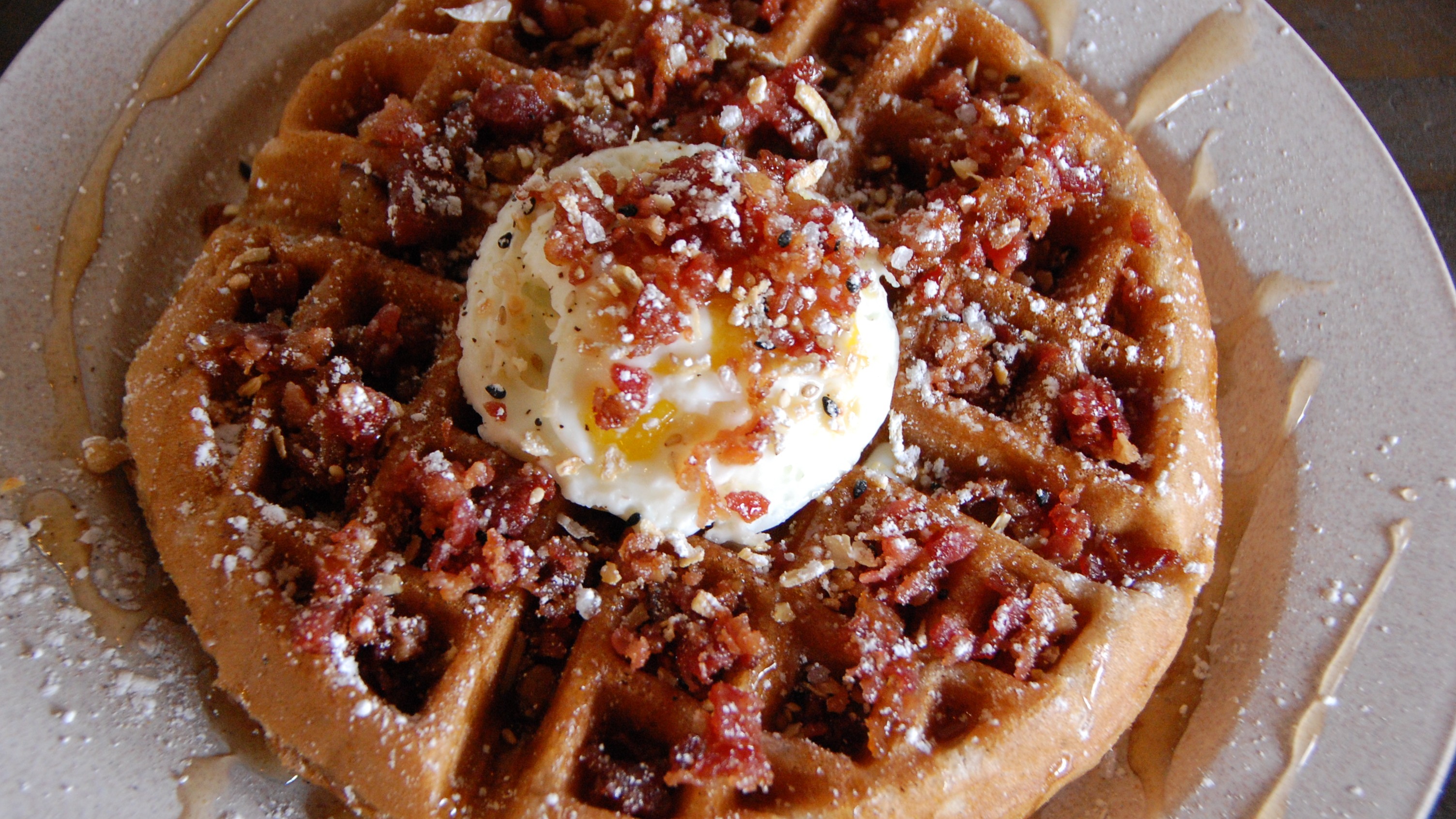 Order Candied Bacon & Egg Waffle food online from Roots Cafe store, Cerritos on bringmethat.com