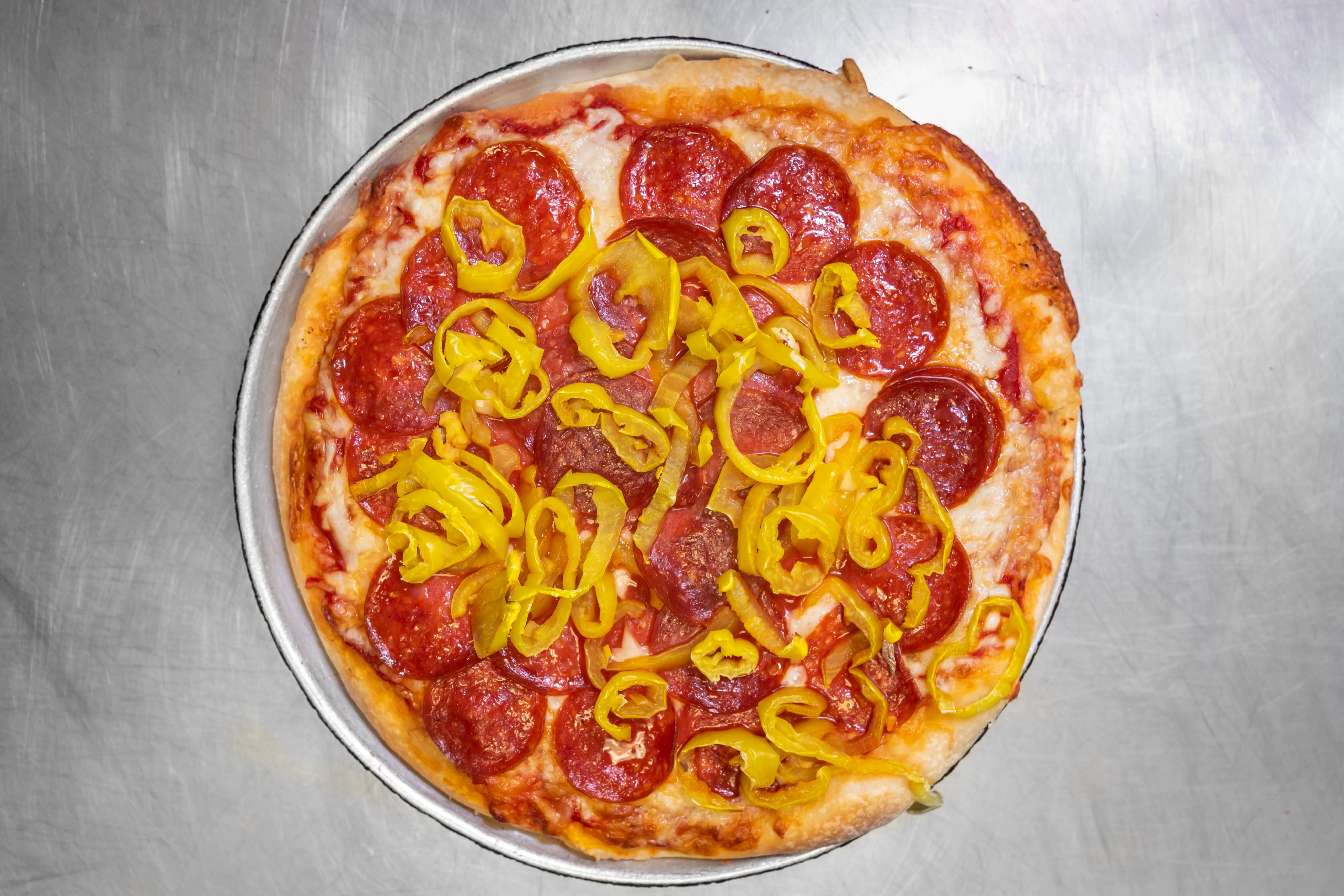Order 10. Pepperoni & Hot Peppers Pizza - Large (12 Slices) food online from Zavarelli's Pizza Shop store, Canton on bringmethat.com