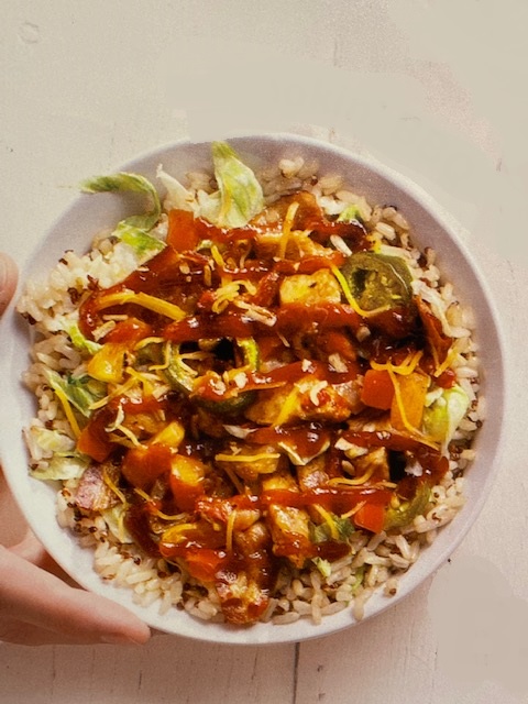 Order Smokin' BBQ (Rice bowl) Chicken Breast and Bacon with Pineapple, Roasted Red Peppers, Onions and jalapenos Grilled in Ancho Chipotle and BBQ Sauce.  Iceberg Lettuce Tomatoes, Cheddar Cheese and Smokehouse Maple Seasoning. food online from Pita Pit store, Chicago on bringmethat.com