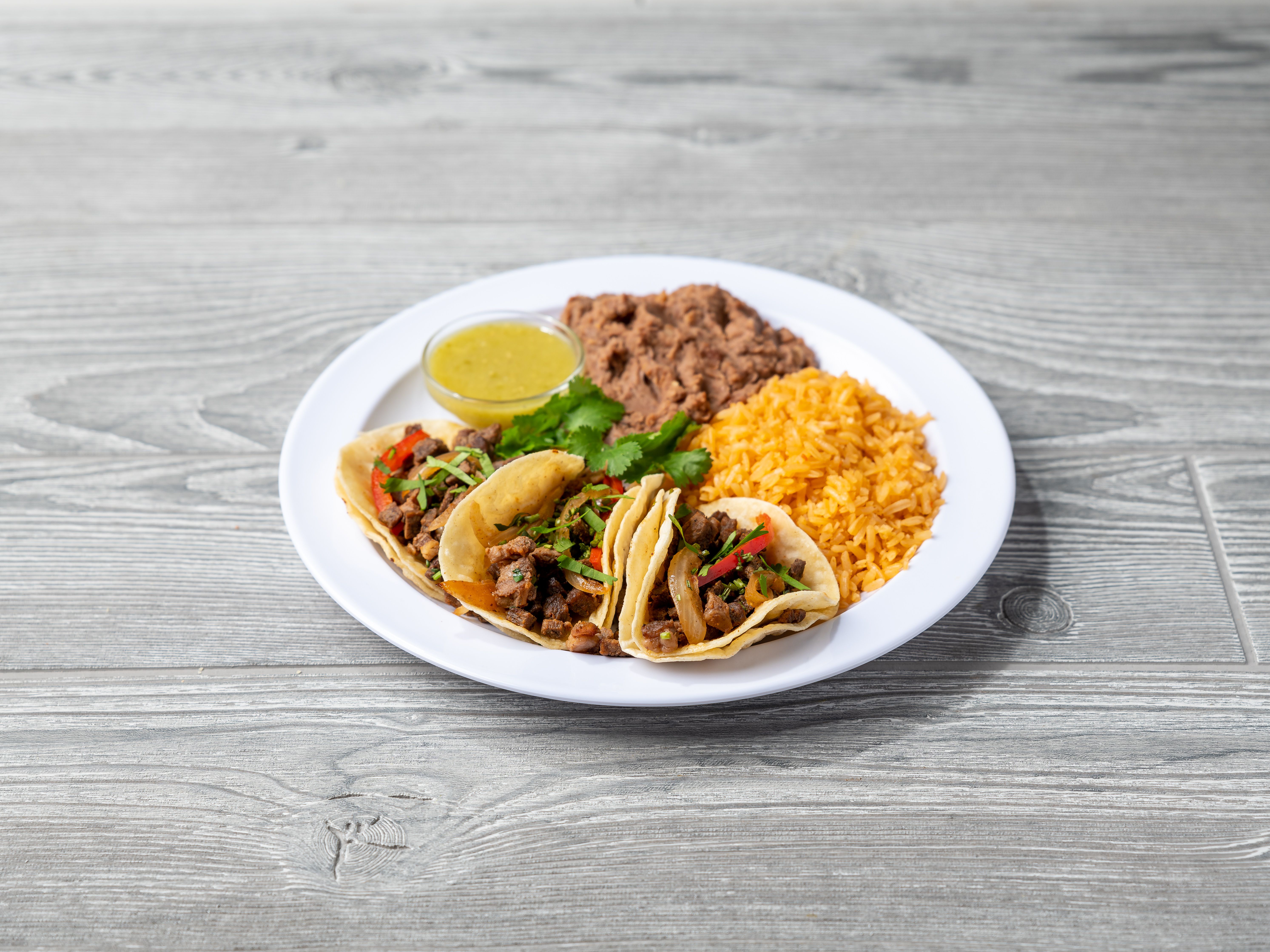 Order Three Tacos with Rice and Bean food online from Mama Lencha 2 store, Tulsa on bringmethat.com