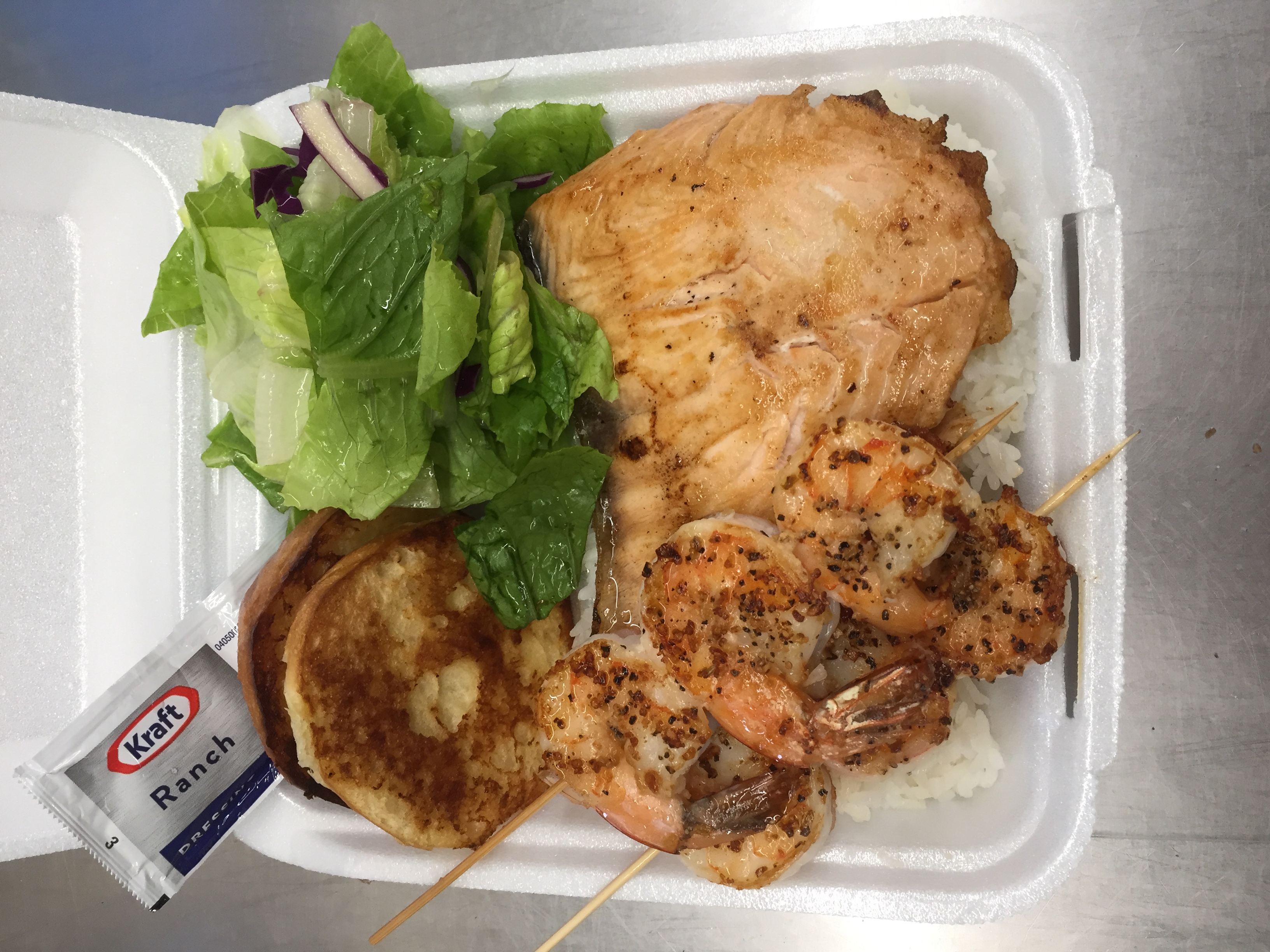 Order 42. Salmon and Shrimp Kebab Combo  food online from Blue Ocean Seafood & Steak store, Honolulu on bringmethat.com
