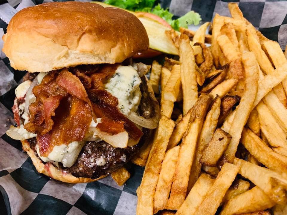 Order James Brown-N-Bleu Burger food online from Mojo Pub -N- Grill store, Youngstown on bringmethat.com