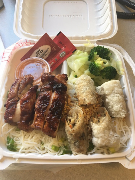 Order 6. BBQ Chicken and Imperial Roll over Rice Noodles food online from Mini Cafe store, San Francisco on bringmethat.com