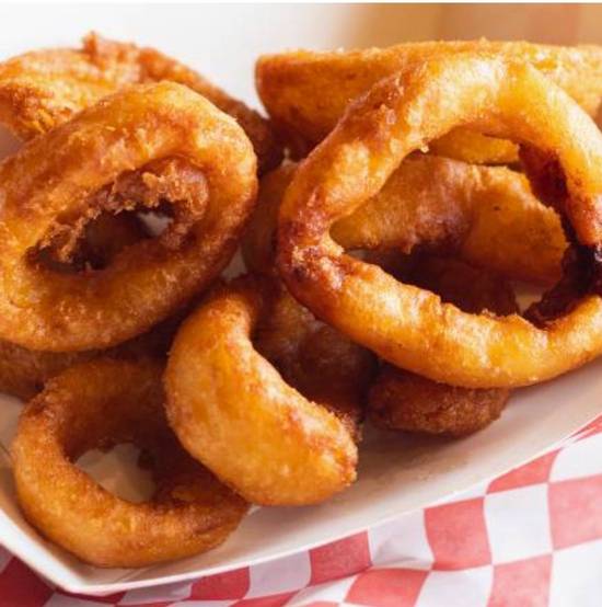 Order Beer Battered Onion Rings food online from Hall Of Flame Burgers store, San Francisco on bringmethat.com