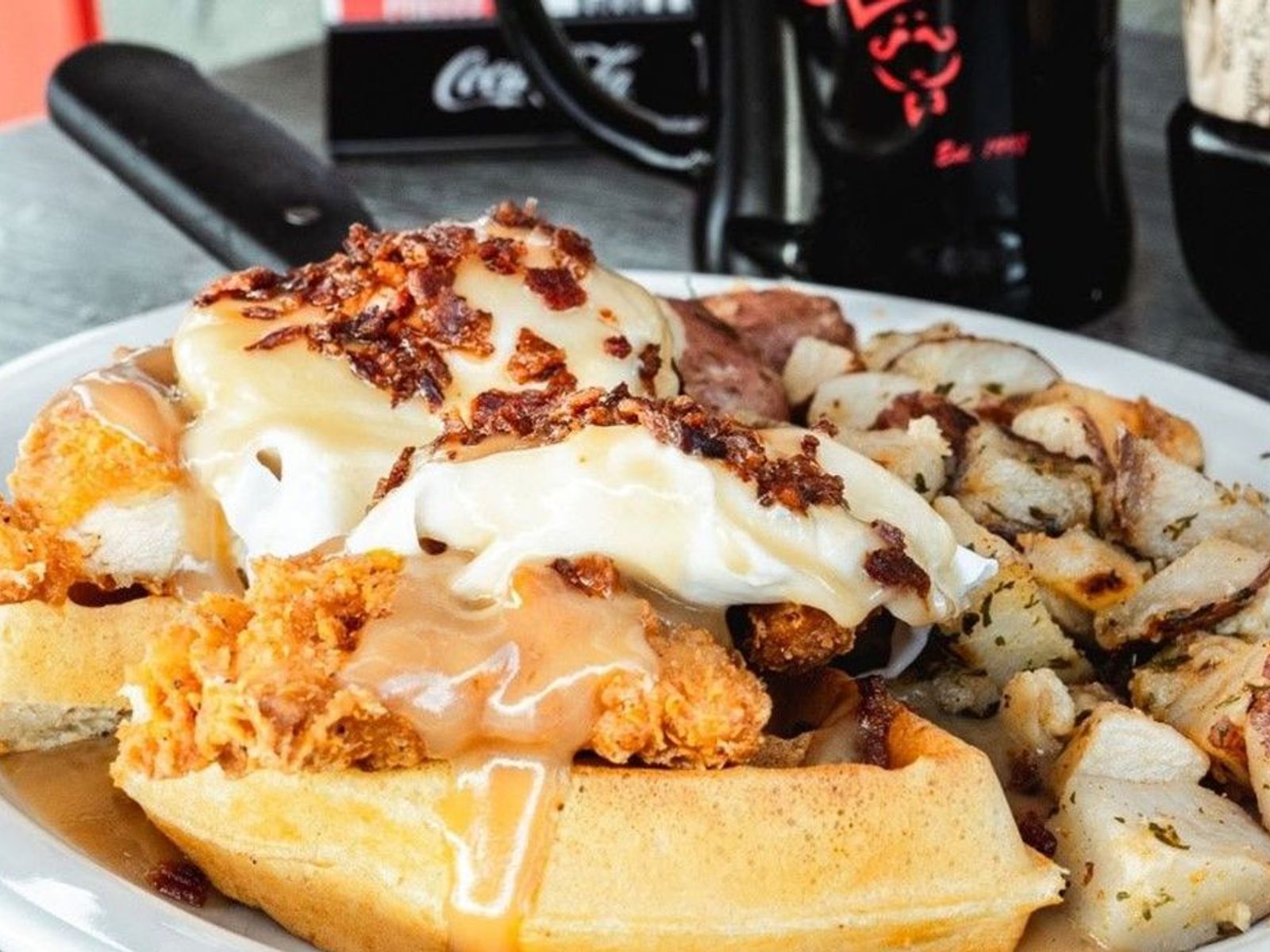 Order Chicken & Waffle Benedict - OO food online from Biscuits Cafe store, Chandler on bringmethat.com