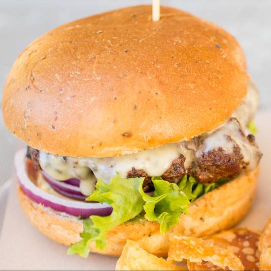 Order Queenstown Fave Burger food online from Bare Back Grill store, San Diego on bringmethat.com