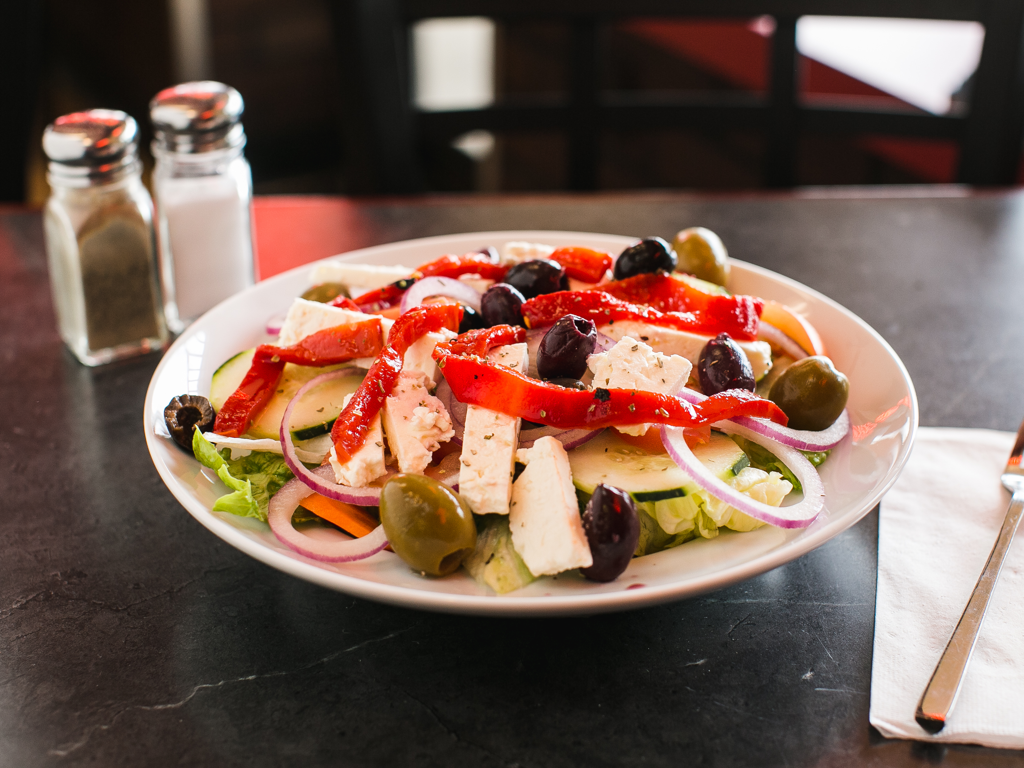 Order Greek Salad food online from Plaza Pizza store, Cherry Hill on bringmethat.com