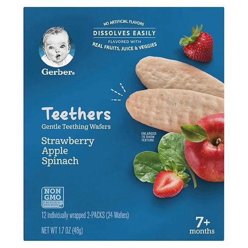 Order Gerber Snacks for Baby Gentle Teething Wafers Strawberry Apple Spinach - 0.14 oz x 12 pack food online from Walgreens store, Wilmington on bringmethat.com