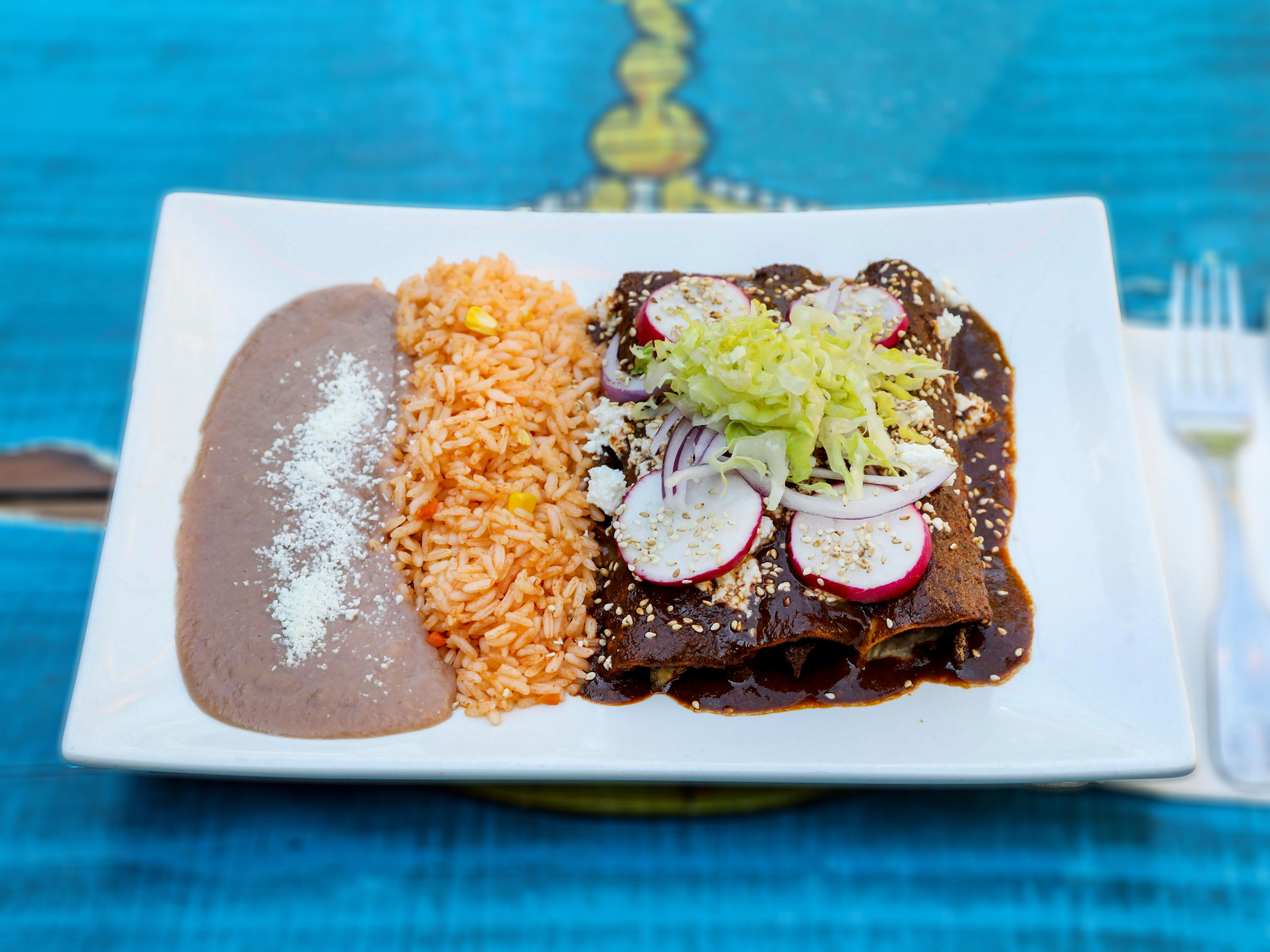 Order Mole Poblano Enchiladas food online from Mesa Azteca Restaurant store, Brooklyn on bringmethat.com