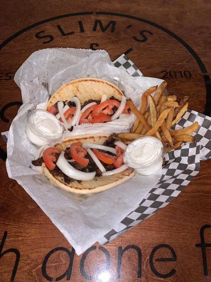 Order 2 Gyros & Small Fries + 2 Tzatziki food online from Slim's store, Chicago on bringmethat.com