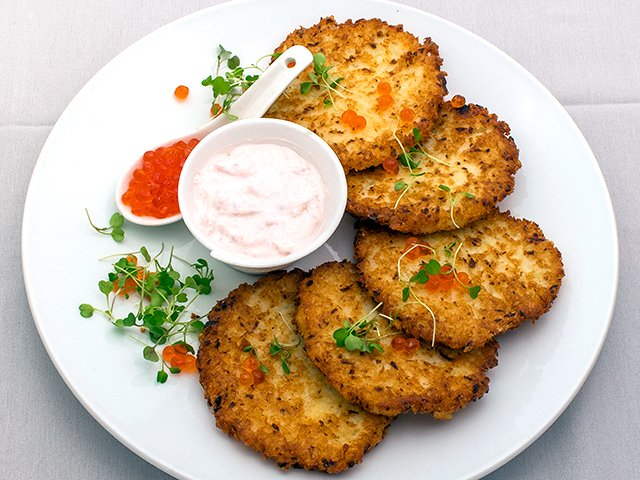 Order Potato Pancakes with Salmon Pasta and Caviar food online from Cafe Gallery store, Brooklyn on bringmethat.com