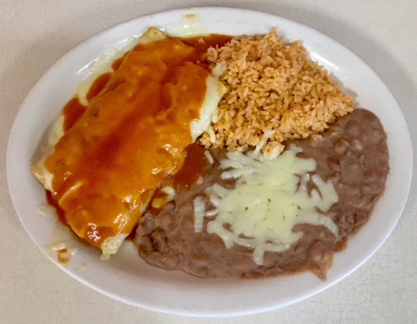 Order 5. Two Beef Enchiladas, Rice and Beans food online from Don Chuchos Mexican Restaurant store, Columbus on bringmethat.com