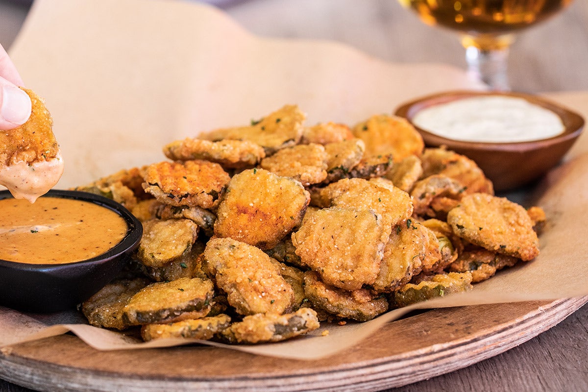Order FRIED PICKLES food online from Rock Bottom Restaurant & Brewery store, Homestead on bringmethat.com