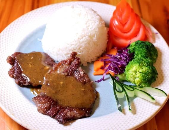 Order Grilled Beef Steak Plate 铁板牛扒饭 food online from SO GOOD TASTE INC store, Ny on bringmethat.com