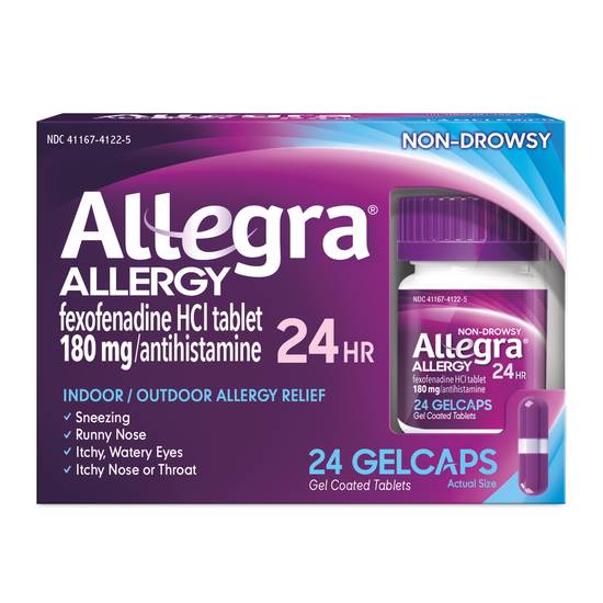 Order Allegra 180mg 24HR Allergy Relief Gelcaps (24 ct) food online from Rite Aid store, BUTLER on bringmethat.com