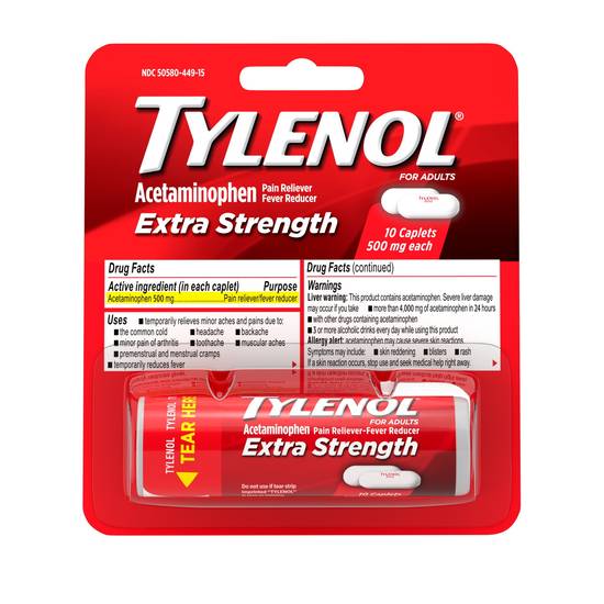 Order Tylenol Extra Strength Caplets with 500 mg Acetaminophen (10 ct) food online from Rite Aid store, BUTLER on bringmethat.com