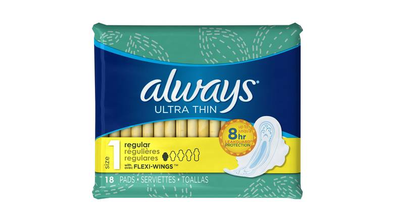 Order Always Ultra Thin Size Wings Regular Pads -18 Count food online from Trumbull Mobil store, Trumbull on bringmethat.com