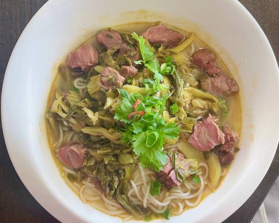 Order .1 laotan sour cabbage beef rice noodle soup 老坛酸菜牛腩米粉  food online from Apple Green Bistro store, Cupertino on bringmethat.com