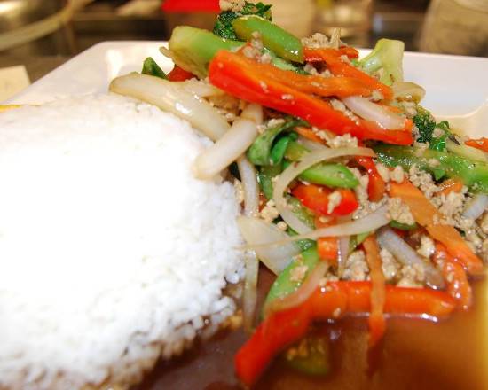 Order 27. Pad kra prao (Basil) food online from Downtown Thai & Pho store, Winston-Salem on bringmethat.com