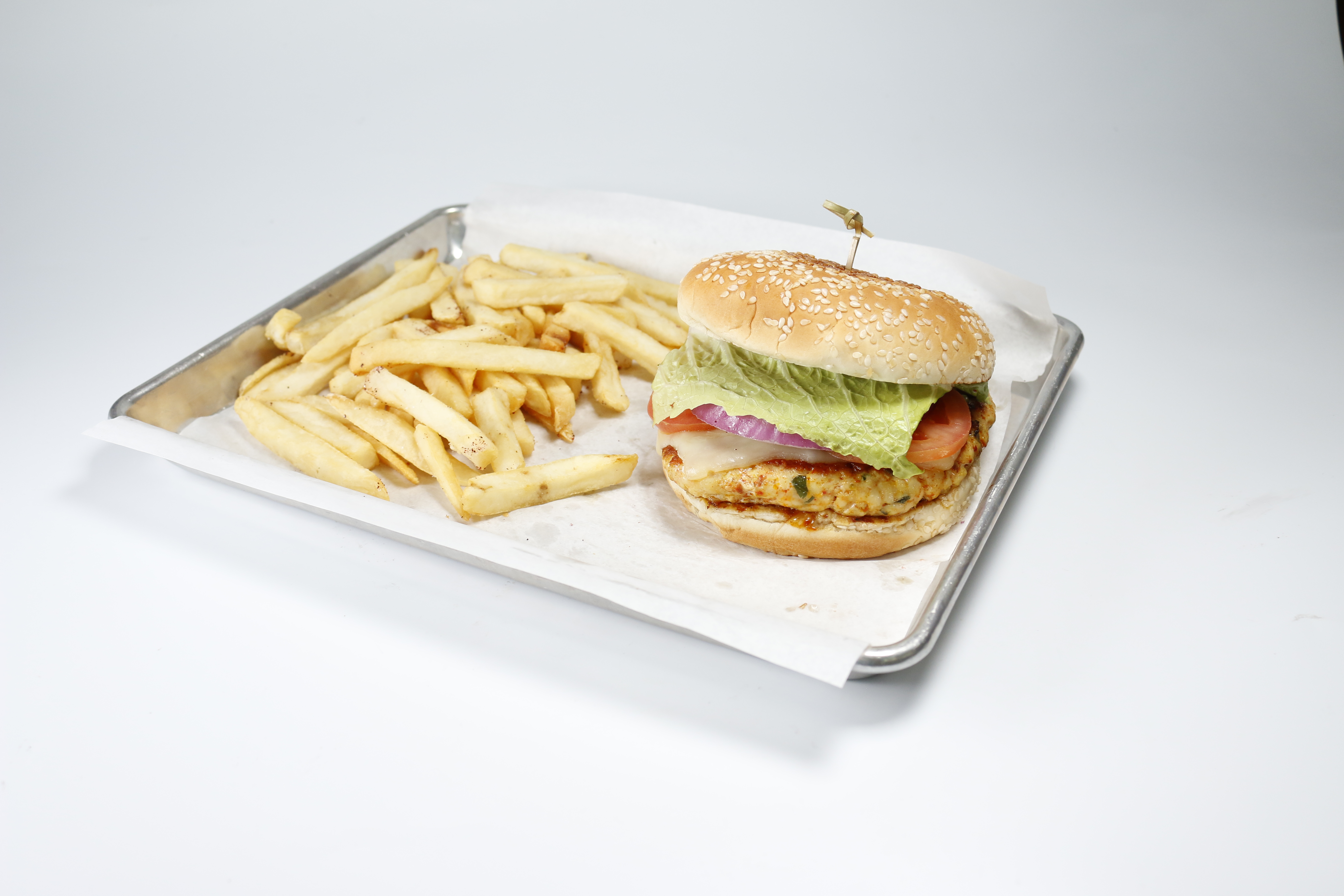 Order Chicken Burger with Fries  food online from Wing Pop By Gyro Express store, San Francisco on bringmethat.com
