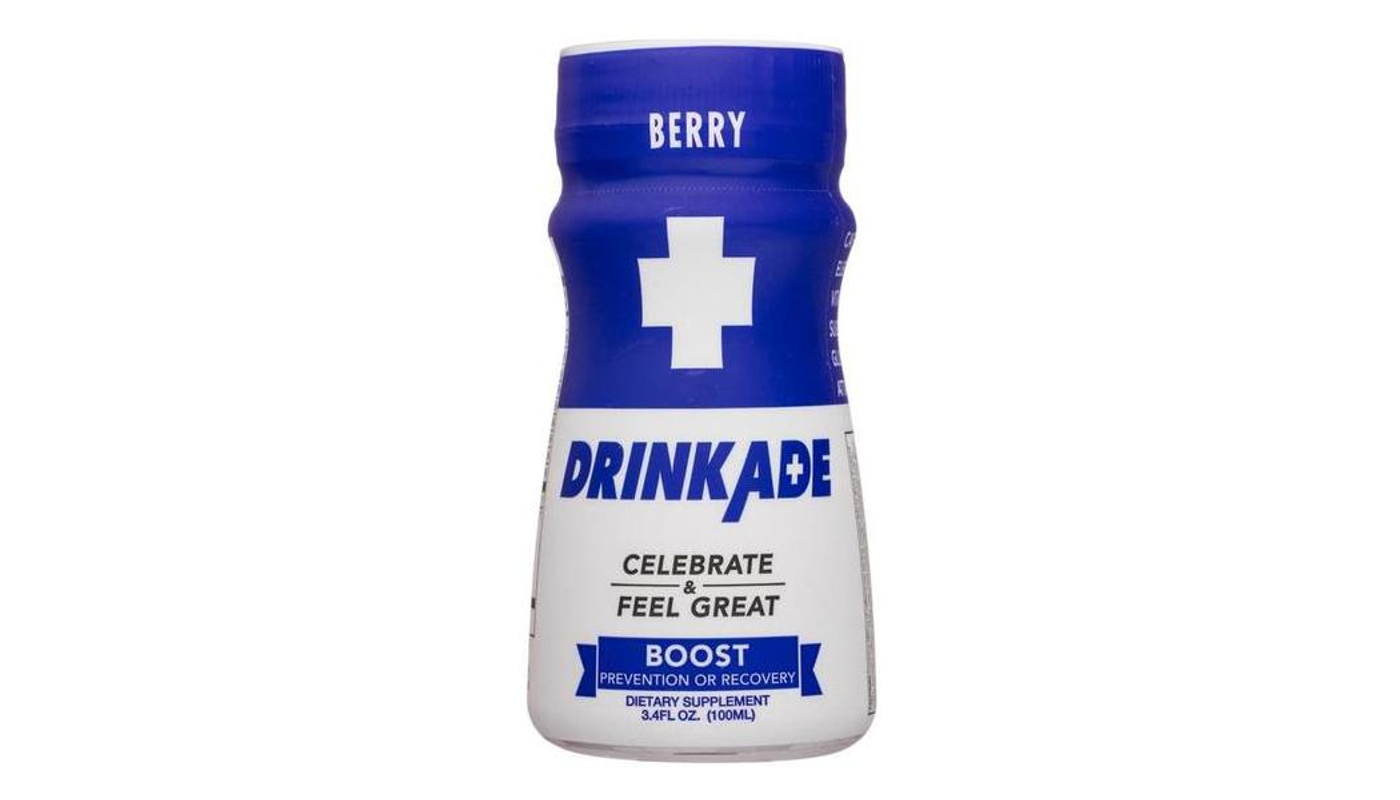 Order DrinkAde Boost Berry Hangover Prevention 3.4oz Bottle food online from House Of Cigar & Liquor store, Redondo Beach on bringmethat.com