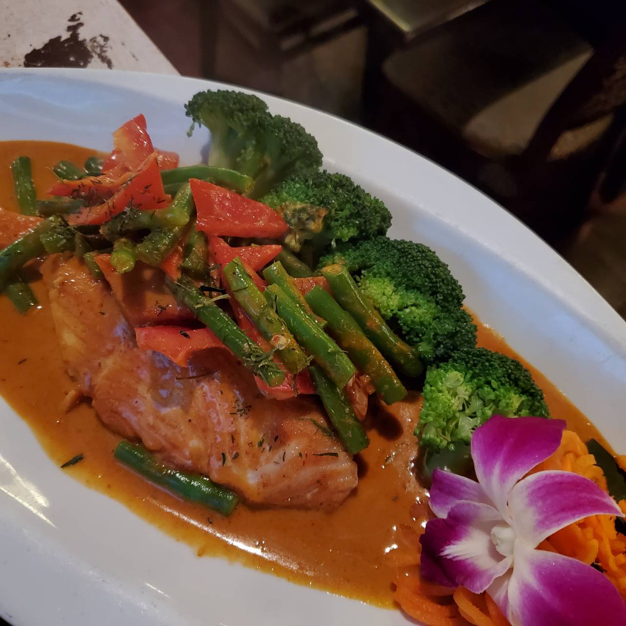 Order Salmon Choo - Chee food online from Orchid Thai Restaurant & Bar store, Falmouth on bringmethat.com